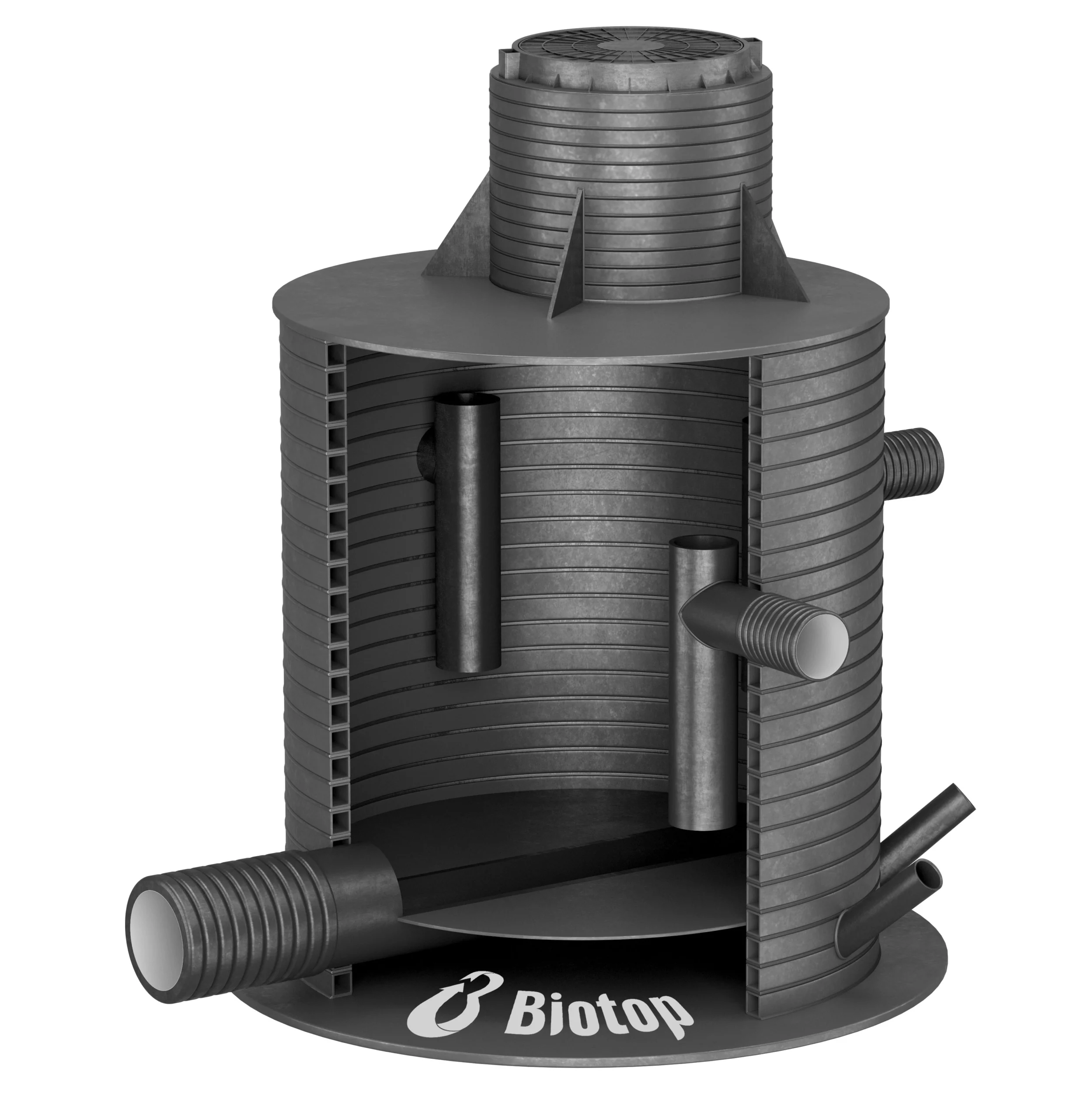 სპირალურად დახვეული მილისგან (SVT) დამზადებული წყალგაყვანილობის ჭები კანალიზაციისთვის BIOTOP